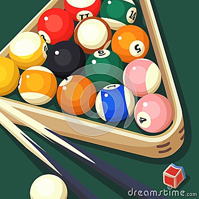 background for billiard tournament poster elements. Vector design of billiard balls on green table and triangular rack Vector Illustration