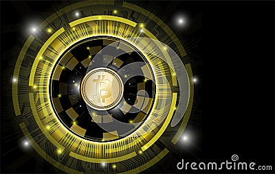 Background bitcoin gold coins on a black background. For presentation or article about the crypto currency. Vector Illustration