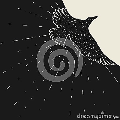 Background with black flying raven. Hand drawn inky bird Vector Illustration