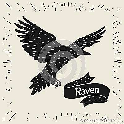 Background with black flying raven. Hand drawn inky bird and ribbon Vector Illustration
