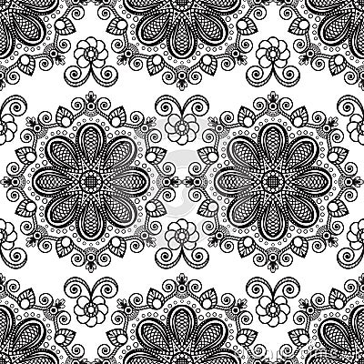 Background with black and white mehndi seamless lace buta decoration items on white background. Vector Illustration