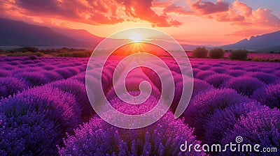 background of blooming lavender field at sunset Cartoon Illustration
