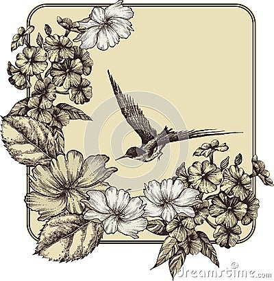 Background with blooming roses, phlox and a flying Vector Illustration