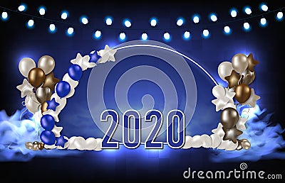 Background of blue arch balloons and 2020 new year text, futuristic party technology concept Stock Photo