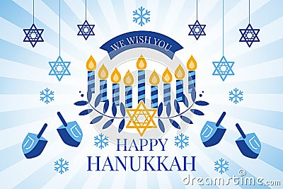 Happy Hanukkah greeting card with Torah, menorah and dreidels Vector Illustration