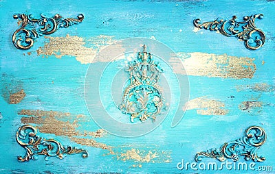 Background of blue and gold wooden vintage wall with floral emboss details Stock Photo