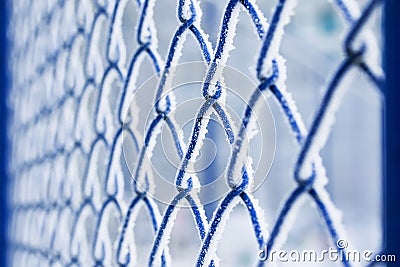 Background of blue grid metal lath covered with fluffy white cry Stock Photo