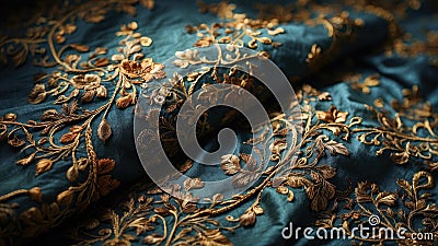 background of blue raw canvas fabric with golden embroidered arabesques folded into sinuous curves Stock Photo