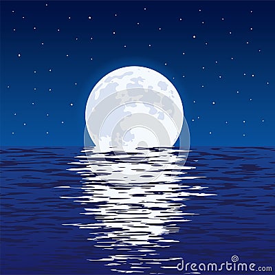 Background of blue sea and full moon at night. vector Vector Illustration