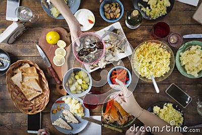 Background blur. dinner, food,different,table,eating outdoor. Stock Photo