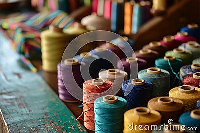 Background from bobbins with multi-colored sewing threads. Stock Photo