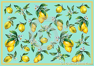 The background of the branches of fresh citrus fruit lemons with green leaves and flowers. Stock Photo