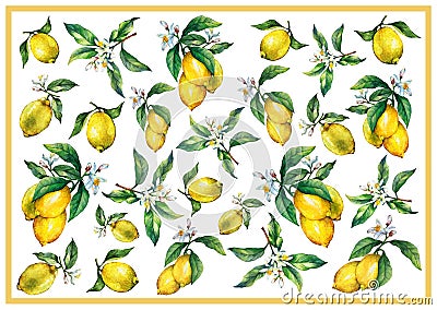 The background of the branches of fresh citrus fruit lemons with green leaves and flowers. Stock Photo