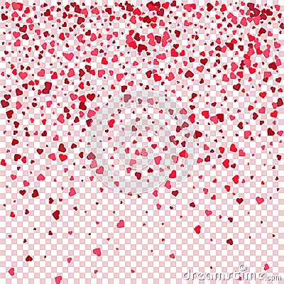 Background from bright multi-colored confetti. Festive heart shaped confetti. Joyful confetti on a white background. Vector Illustration