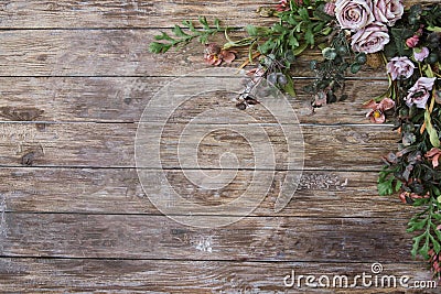 Background of brown wooden planks and flowers Stock Photo