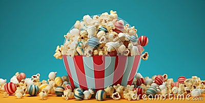 background bucket red box cinema corn food popcorn film fast food blue. Generative AI. Stock Photo