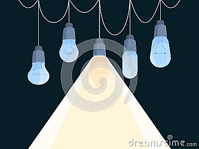Background with bulbs. Glowing hanging light bulbs garish vector conceptual pictures idea visualisation Cartoon Illustration