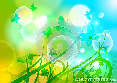 Background with butterflies, flowers and bokeh. Vector Illustration