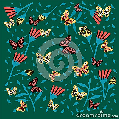 Background with butterflies and flowers. Floral rainforest with insects. Spring and summer poster. Doodle picture with Vector Illustration