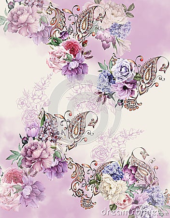 background with butterflies violet roses pasley Stock Photo