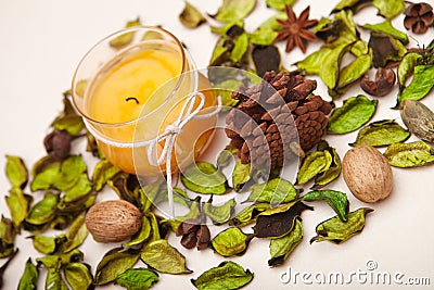 Background with candle and dried plants. Stock Photo