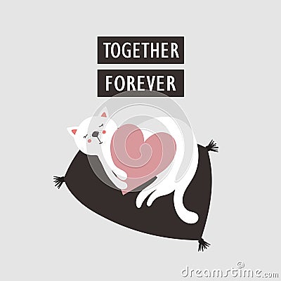 Background with cat, heart and text. Together forever Vector Illustration