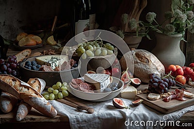 Background with cheese, grapes and pastries, rustic style, created with Generative AI technology. Stock Photo