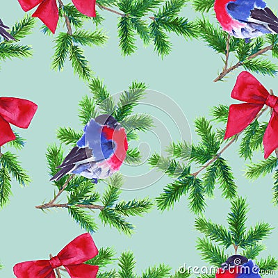 Background Christmas tree branch and bullfinch. Seamless pattern. Watercolor Christmas illustration. Cartoon Illustration