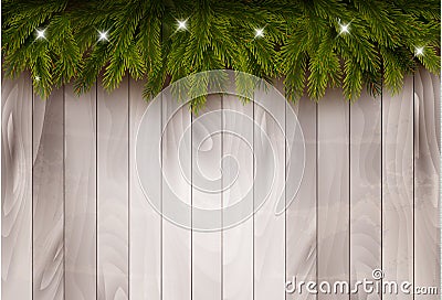 Background with christmas tree branches and baubles in front of a wooden wall. Vector Illustration