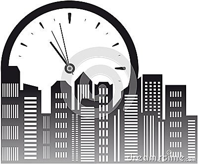 Background with clock and skyscraper Vector Illustration