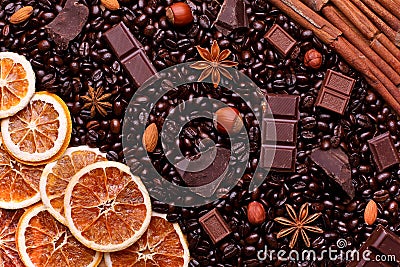 Background of coffee beans, chocolate chips, spices, nuts and ca Stock Photo