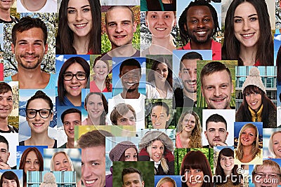 Background collage group of multiracial young smiling people soc Stock Photo