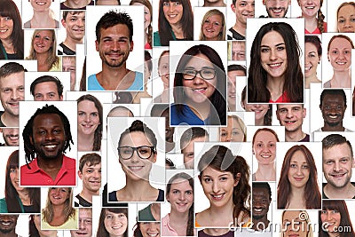 Background collage group portrait of multiracial young smiling p Stock Photo