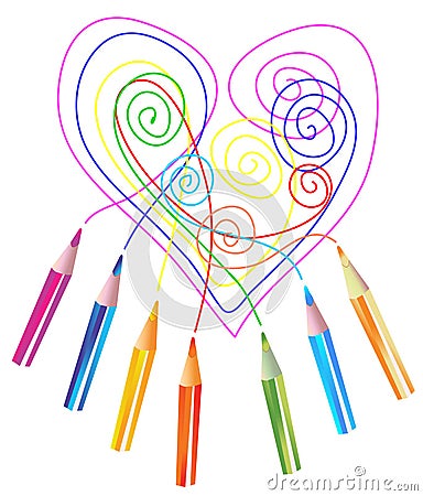 Background with color drawing pencils and heart Vector Illustration