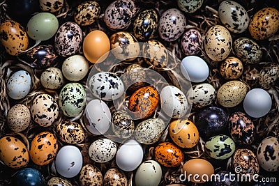 Background of colorful bird eggs, many birds eggs of different species, close-up Stock Photo