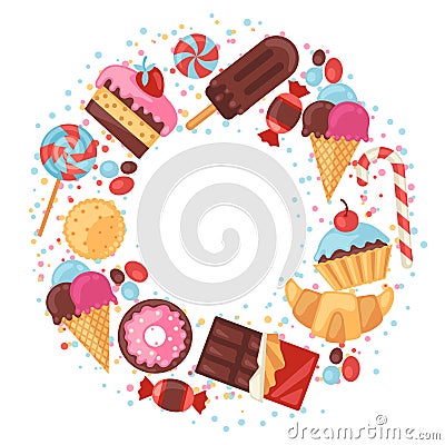 Background with colorful various candy, sweets and Vector Illustration