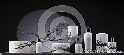 tree minimalist background tree nature branch bottle natural product cosmetic layout beauty. Generative AI. Stock Photo