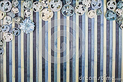 Background composition on wood in shades of light blue and blue with a matching potpourri contour Stock Photo