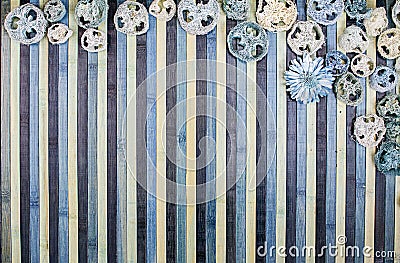 Background composition on wood in shades of light blue and blue with a matching potpourri contour Stock Photo