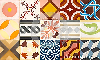 The background consists different types of old colored tiles with unique patterns Stock Photo