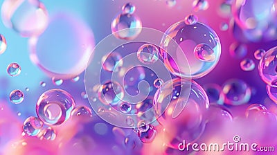 The background consists of holographic floating liquid blobs, soap bubbles, and metaballs. Stock Photo