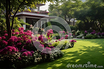 The background consists of a neatly manicured garden with vibrant flowers in full bloom. AI Generated Stock Photo