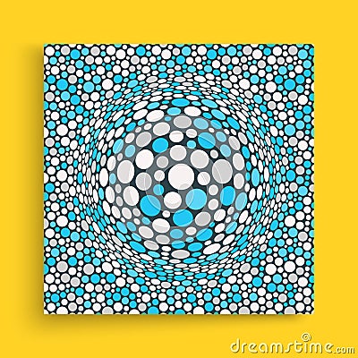 Background with convex hemisphere. Volumetric composition with optical illusion. Chaotic circles in empty space. 3d dynamic vector Vector Illustration