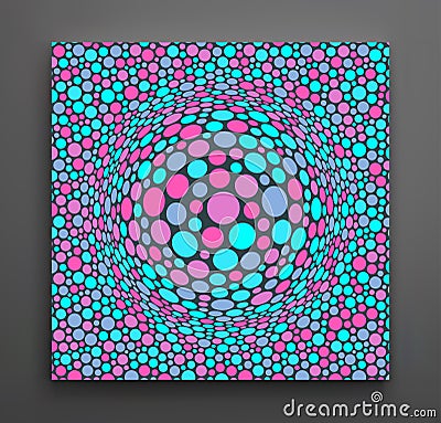 Background with convex hemisphere. Volumetric composition with optical illusion. Chaotic circles in empty space. 3d dynamic vector Vector Illustration