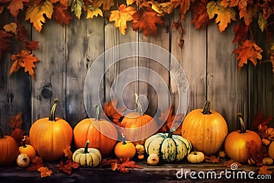 background copy autumn pumpkin wooden wood leaf orange space halloween season fall. Generative AI. Stock Photo