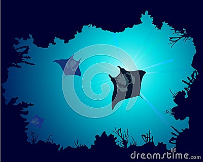 Background of a coral reef with manta ray Vector Illustration