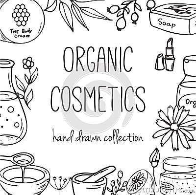 Background with cosmetic bottles. Organic cosmetics illustration. Vector Illustration