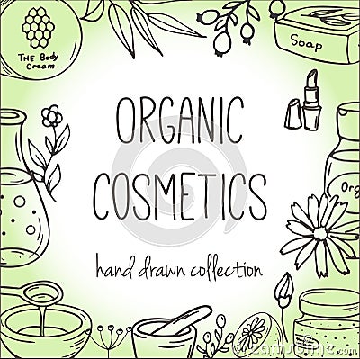 Background with cosmetic bottles. Organic cosmetics illustration. Vector Illustration