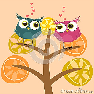 Background with couple of owls sitting on tree Vector Illustration