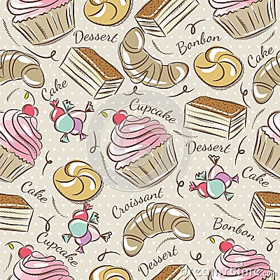 Background with cupcake, croissant, cake and bonbon Vector Illustration